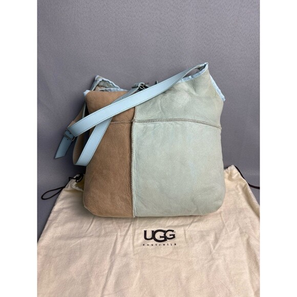 Ugg Tote Hobo Purse Shoulder Bag Bucket Sherpa Shearling Wool Baby Blue Tan - Picture 5 of 12